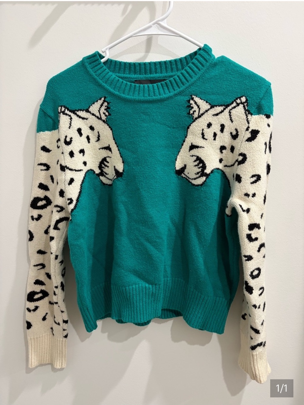 MINKPINK Teal Crewneck Sweater with Cream Leopard Sleeves
